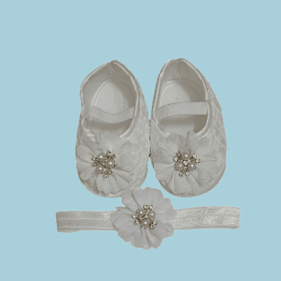 Baby Girl White cloth Shoes with Headband