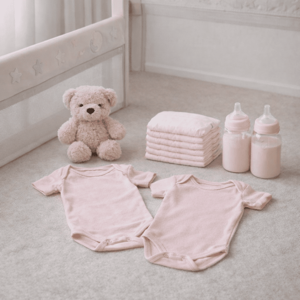Two pink baby onesies, stack of diapers, teddy bear, and two baby bottles in a crib